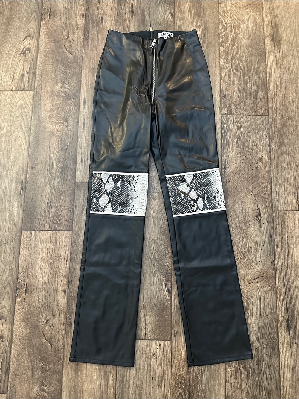 I.Am.Gia Faux Leather Snakeskin Knees Zip Trim Pants Size M Black